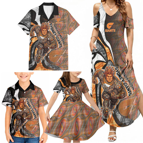 Personalised Greater Western Sydney Giants Family Matching Summer Maxi Dress and Hawaiian Shirt Trippy Psychedelic Abstract Art Mascot Football Fans