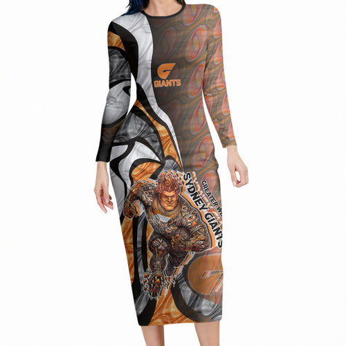 Personalised Greater Western Sydney Giants Long Sleeve Bodycon Dress Trippy Psychedelic Abstract Art Mascot Football Fans