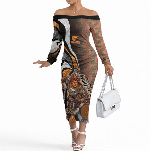 Personalised Greater Western Sydney Giants Off The Shoulder Long Sleeve Dress Trippy Psychedelic Abstract Art Mascot Football Fans