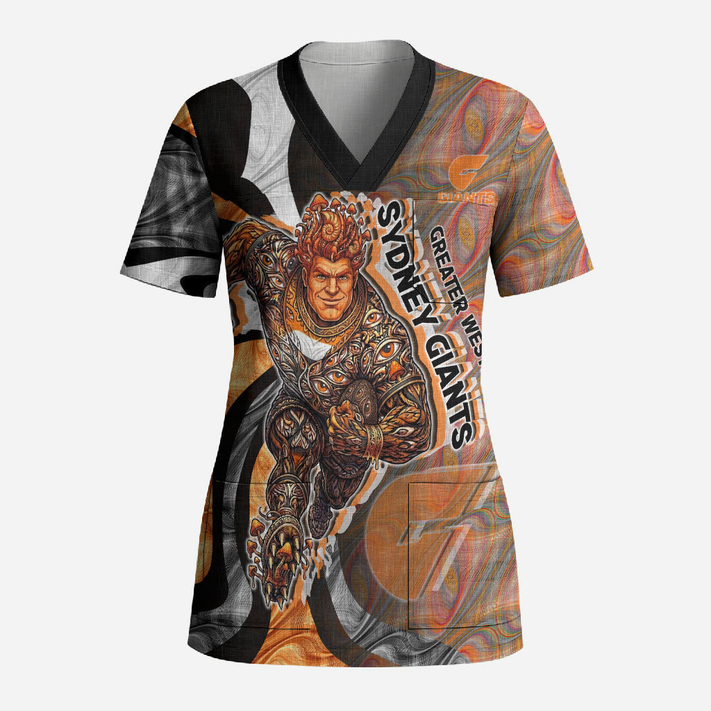 Personalised Greater Western Sydney Giants Scrub Top Trippy Psychedelic Abstract Art Mascot Football Fans