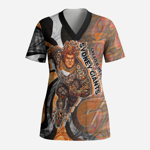Personalised Greater Western Sydney Giants Scrub Top Trippy Psychedelic Abstract Art Mascot Football Fans