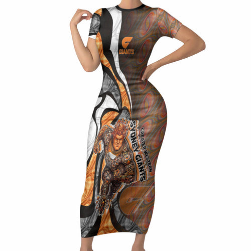 Personalised Greater Western Sydney Giants Short Sleeve Bodycon Dress Trippy Psychedelic Abstract Art Mascot Football Fans