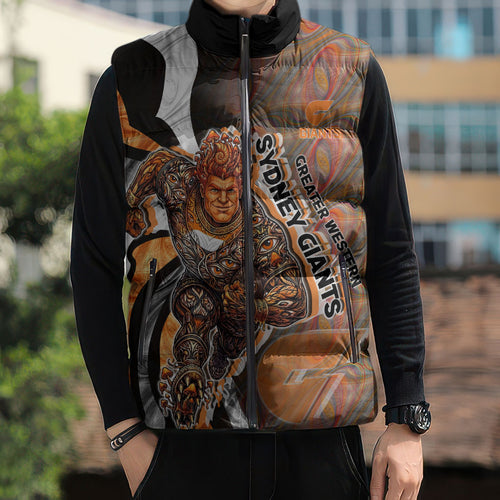 Personalised Greater Western Sydney Giants Sleeveless Puffer Jacket Trippy Psychedelic Abstract Art Mascot Football Fans