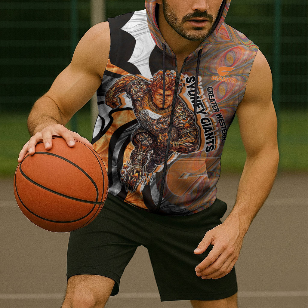 Personalised Greater Western Sydney Giants Sleeveless Zip Hoodie Trippy Psychedelic Abstract Art Mascot Football Fans