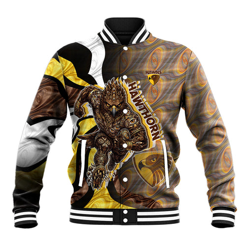 Personalised Hawthorn Hawks Baseball Jacket Trippy Psychedelic Abstract Art Mascot Football Fans