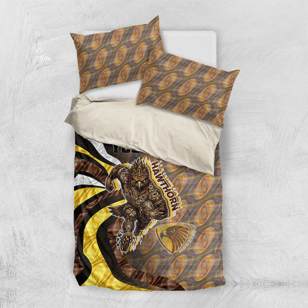 Personalised Hawthorn Hawks Bedding Set Trippy Psychedelic Abstract Art Mascot Football Fans