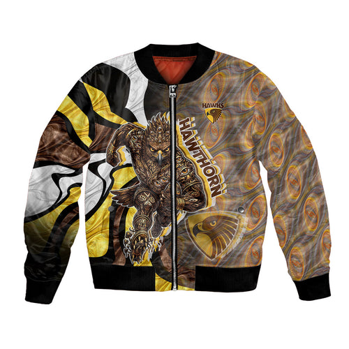 Personalised Hawthorn Hawks Bomber Jacket Trippy Psychedelic Abstract Art Mascot Football Fans