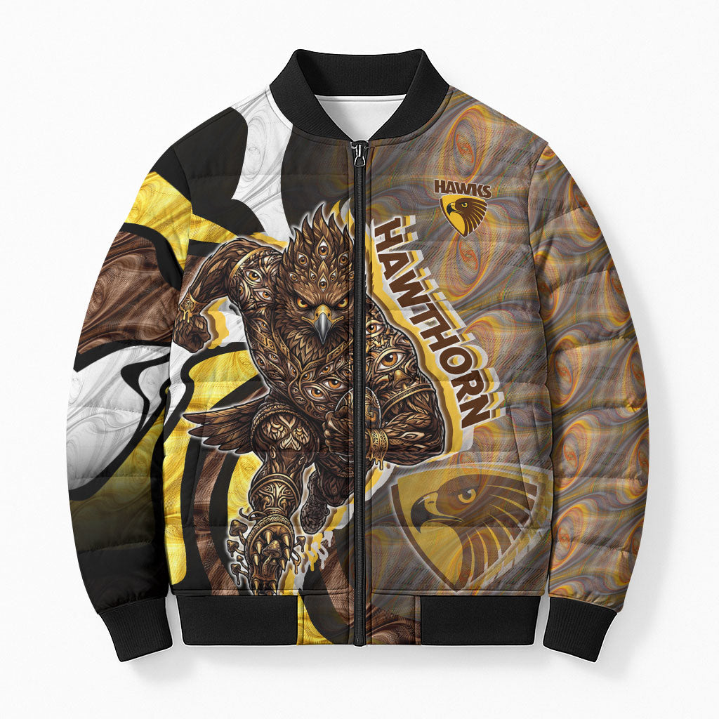 Personalised Hawthorn Hawks Bomber Puffer Jacket Trippy Psychedelic Abstract Art Mascot Football Fans