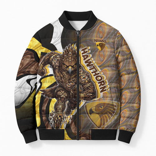 Personalised Hawthorn Hawks Bomber Puffer Jacket Trippy Psychedelic Abstract Art Mascot Football Fans