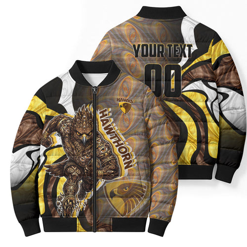 Personalised Hawthorn Hawks Bomber Puffer Jacket Trippy Psychedelic Abstract Art Mascot Football Fans