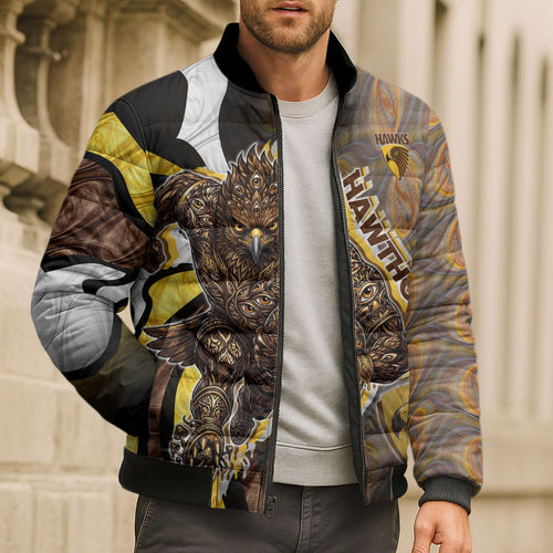 Personalised Hawthorn Hawks Bomber Puffer Jacket Trippy Psychedelic Abstract Art Mascot Football Fans