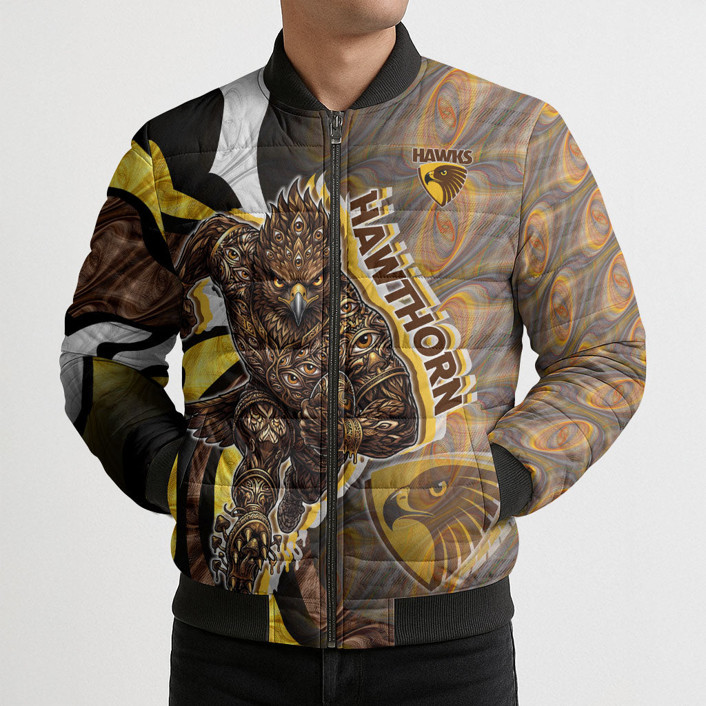 Personalised Hawthorn Hawks Bomber Puffer Jacket Trippy Psychedelic Abstract Art Mascot Football Fans