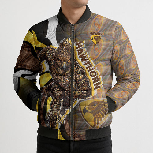 Personalised Hawthorn Hawks Bomber Puffer Jacket Trippy Psychedelic Abstract Art Mascot Football Fans