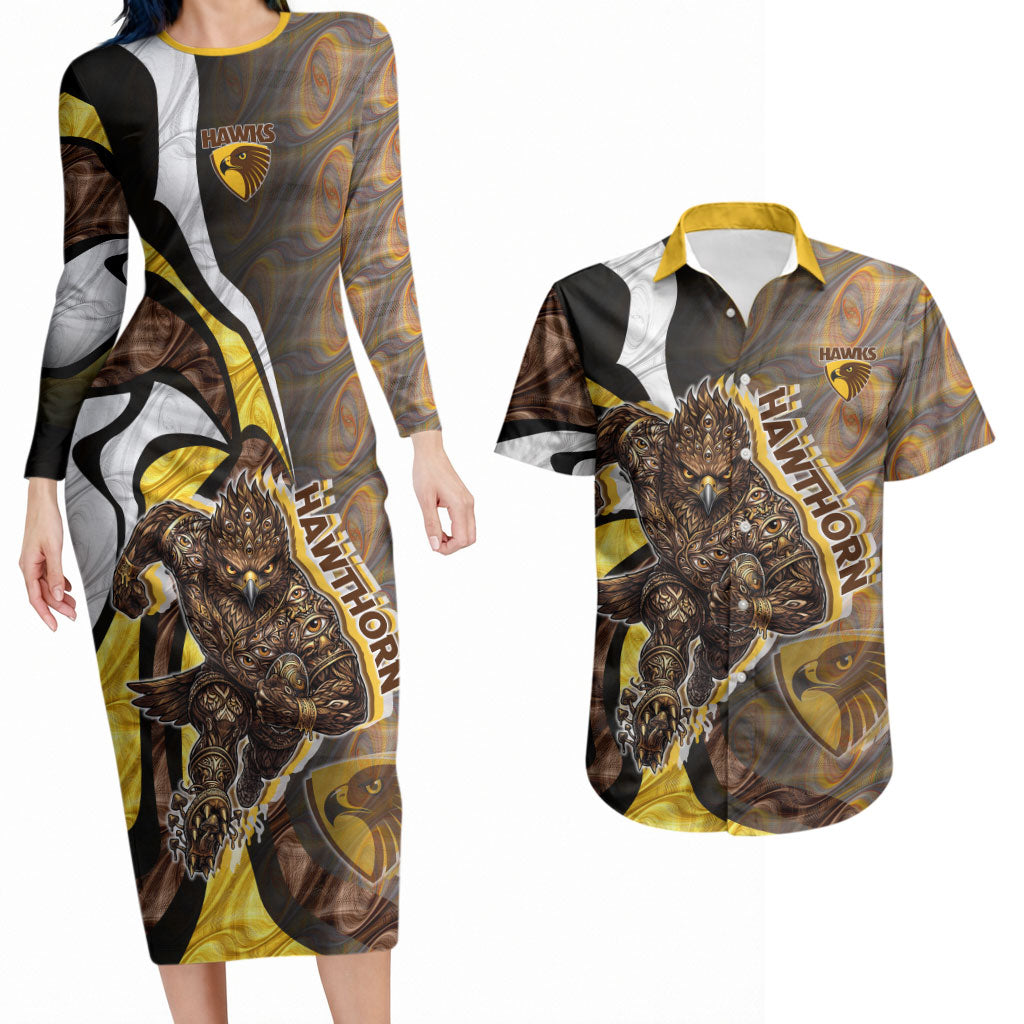 Personalised Hawthorn Hawks Couples Matching Long Sleeve Bodycon Dress and Hawaiian Shirt Trippy Psychedelic Abstract Art Mascot Football Fans