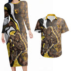 Personalised Hawthorn Hawks Couples Matching Long Sleeve Bodycon Dress and Hawaiian Shirt Trippy Psychedelic Abstract Art Mascot Football Fans