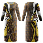Personalised Hawthorn Hawks Couples Matching Long Sleeve Bodycon Dress and Hawaiian Shirt Trippy Psychedelic Abstract Art Mascot Football Fans
