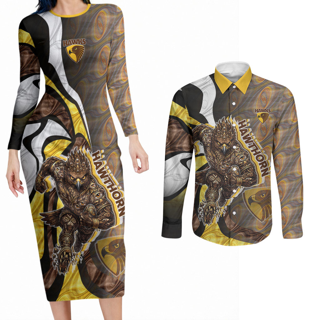 Personalised Hawthorn Hawks Couples Matching Long Sleeve Bodycon Dress and Long Sleeve Button Shirt Trippy Psychedelic Abstract Art Mascot Football Fans