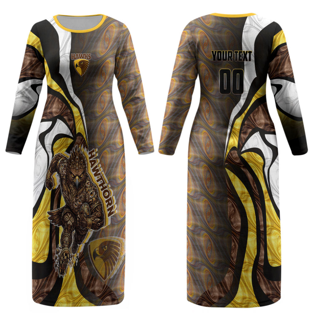 Personalised Hawthorn Hawks Couples Matching Long Sleeve Bodycon Dress and Long Sleeve Button Shirt Trippy Psychedelic Abstract Art Mascot Football Fans