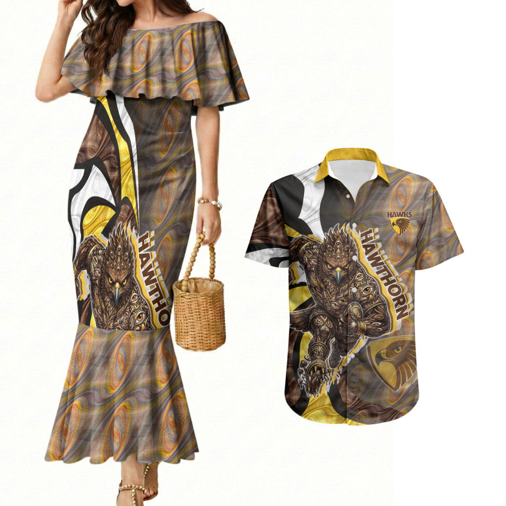 Personalised Hawthorn Hawks Couples Matching Mermaid Dress and Hawaiian Shirt Trippy Psychedelic Abstract Art Mascot Football Fans
