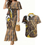 Personalised Hawthorn Hawks Couples Matching Mermaid Dress and Hawaiian Shirt Trippy Psychedelic Abstract Art Mascot Football Fans