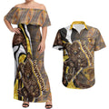 Personalised Hawthorn Hawks Couples Matching Off Shoulder Maxi Dress and Hawaiian Shirt Trippy Psychedelic Abstract Art Mascot Football Fans