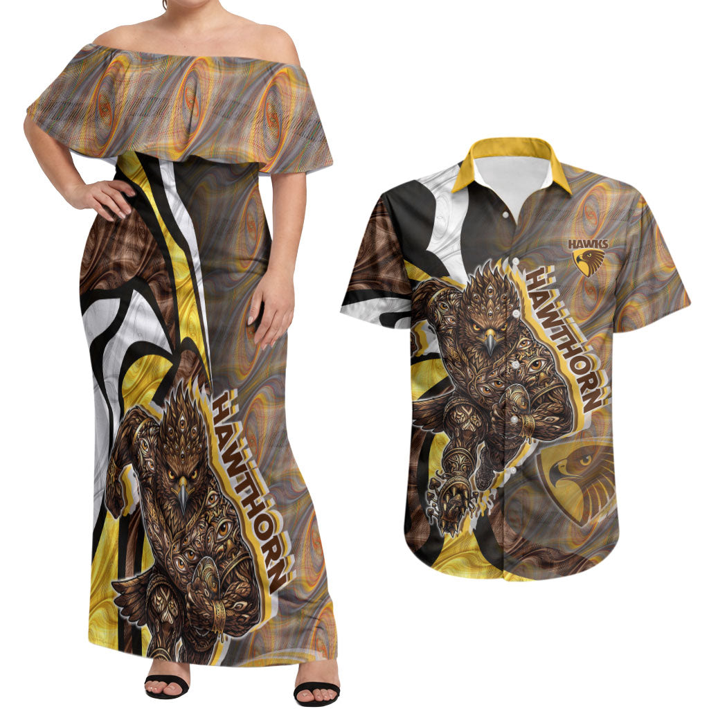Personalised Hawthorn Hawks Couples Matching Off Shoulder Maxi Dress and Hawaiian Shirt Trippy Psychedelic Abstract Art Mascot Football Fans
