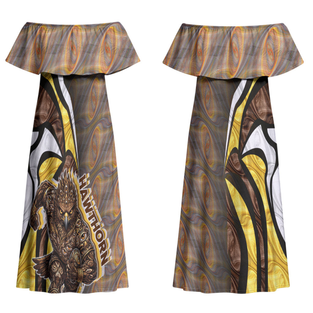 Personalised Hawthorn Hawks Couples Matching Off Shoulder Maxi Dress and Hawaiian Shirt Trippy Psychedelic Abstract Art Mascot Football Fans
