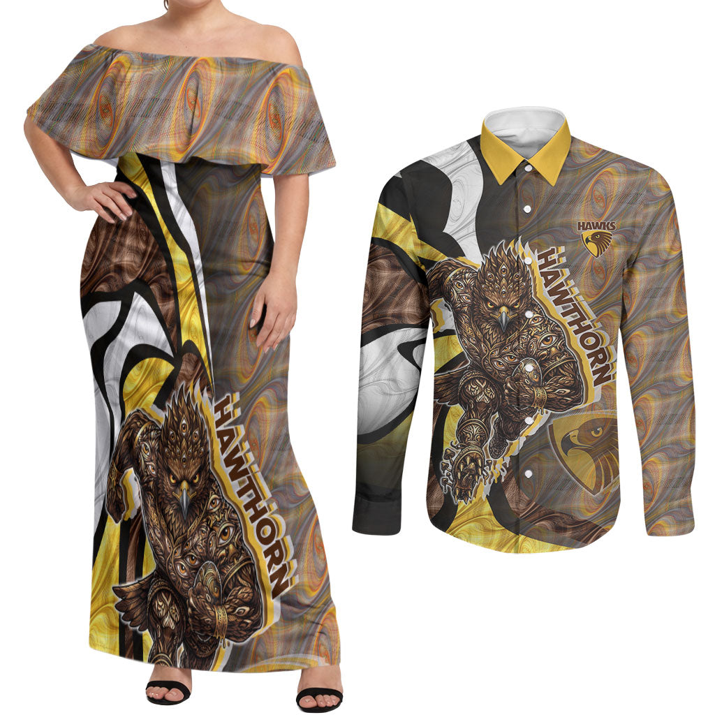 Personalised Hawthorn Hawks Couples Matching Off Shoulder Maxi Dress and Long Sleeve Button Shirt Trippy Psychedelic Abstract Art Mascot Football Fans
