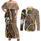 Personalised Hawthorn Hawks Couples Matching Off Shoulder Maxi Dress and Long Sleeve Button Shirt Trippy Psychedelic Abstract Art Mascot Football Fans