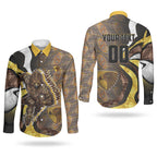 Personalised Hawthorn Hawks Couples Matching Off Shoulder Maxi Dress and Long Sleeve Button Shirt Trippy Psychedelic Abstract Art Mascot Football Fans
