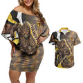 Personalised Hawthorn Hawks Couples Matching Off Shoulder Short Dress and Hawaiian Shirt Trippy Psychedelic Abstract Art Mascot Football Fans
