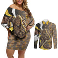 Personalised Hawthorn Hawks Couples Matching Off Shoulder Short Dress and Long Sleeve Button Shirt Trippy Psychedelic Abstract Art Mascot Football Fans