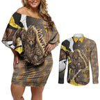 Personalised Hawthorn Hawks Couples Matching Off Shoulder Short Dress and Long Sleeve Button Shirt Trippy Psychedelic Abstract Art Mascot Football Fans