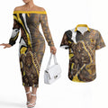 Personalised Hawthorn Hawks Couples Matching Off The Shoulder Long Sleeve Dress and Hawaiian Shirt Trippy Psychedelic Abstract Art Mascot Football Fans