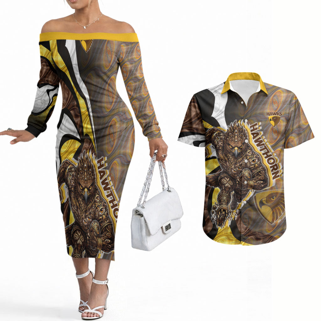 Personalised Hawthorn Hawks Couples Matching Off The Shoulder Long Sleeve Dress and Hawaiian Shirt Trippy Psychedelic Abstract Art Mascot Football Fans