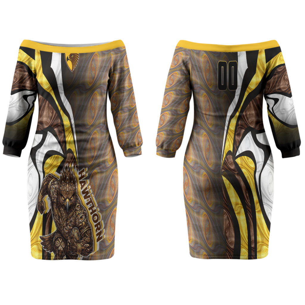 Personalised Hawthorn Hawks Couples Matching Off The Shoulder Long Sleeve Dress and Hawaiian Shirt Trippy Psychedelic Abstract Art Mascot Football Fans