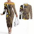 Personalised Hawthorn Hawks Couples Matching Off The Shoulder Long Sleeve Dress and Long Sleeve Button Shirt Trippy Psychedelic Abstract Art Mascot Football Fans