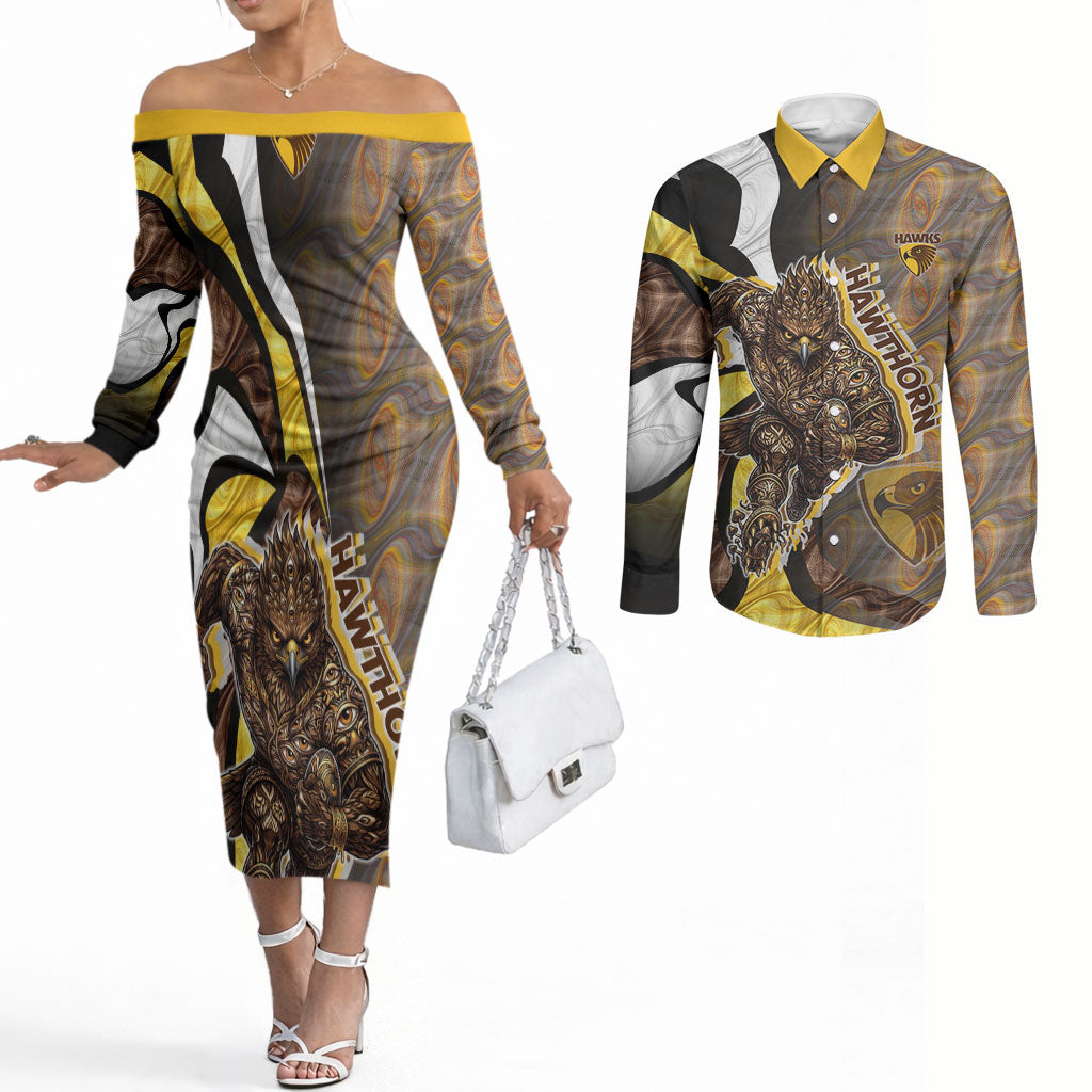 Personalised Hawthorn Hawks Couples Matching Off The Shoulder Long Sleeve Dress and Long Sleeve Button Shirt Trippy Psychedelic Abstract Art Mascot Football Fans