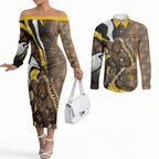 Personalised Hawthorn Hawks Couples Matching Off The Shoulder Long Sleeve Dress and Long Sleeve Button Shirt Trippy Psychedelic Abstract Art Mascot Football Fans