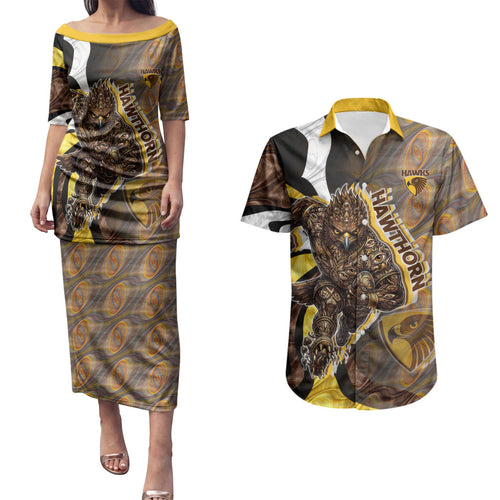 Personalised Hawthorn Hawks Couples Matching Puletasi and Hawaiian Shirt Trippy Psychedelic Abstract Art Mascot Football Fans