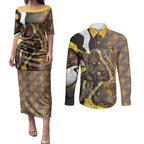 Personalised Hawthorn Hawks Couples Matching Puletasi and Long Sleeve Button Shirt Trippy Psychedelic Abstract Art Mascot Football Fans