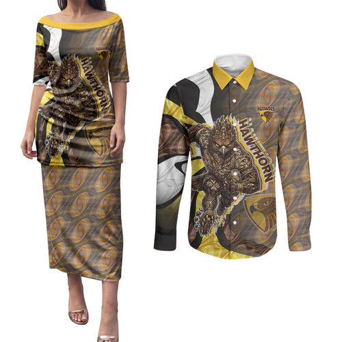 Personalised Hawthorn Hawks Couples Matching Puletasi and Long Sleeve Button Shirt Trippy Psychedelic Abstract Art Mascot Football Fans