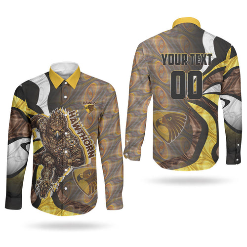 Personalised Hawthorn Hawks Couples Matching Puletasi and Long Sleeve Button Shirt Trippy Psychedelic Abstract Art Mascot Football Fans
