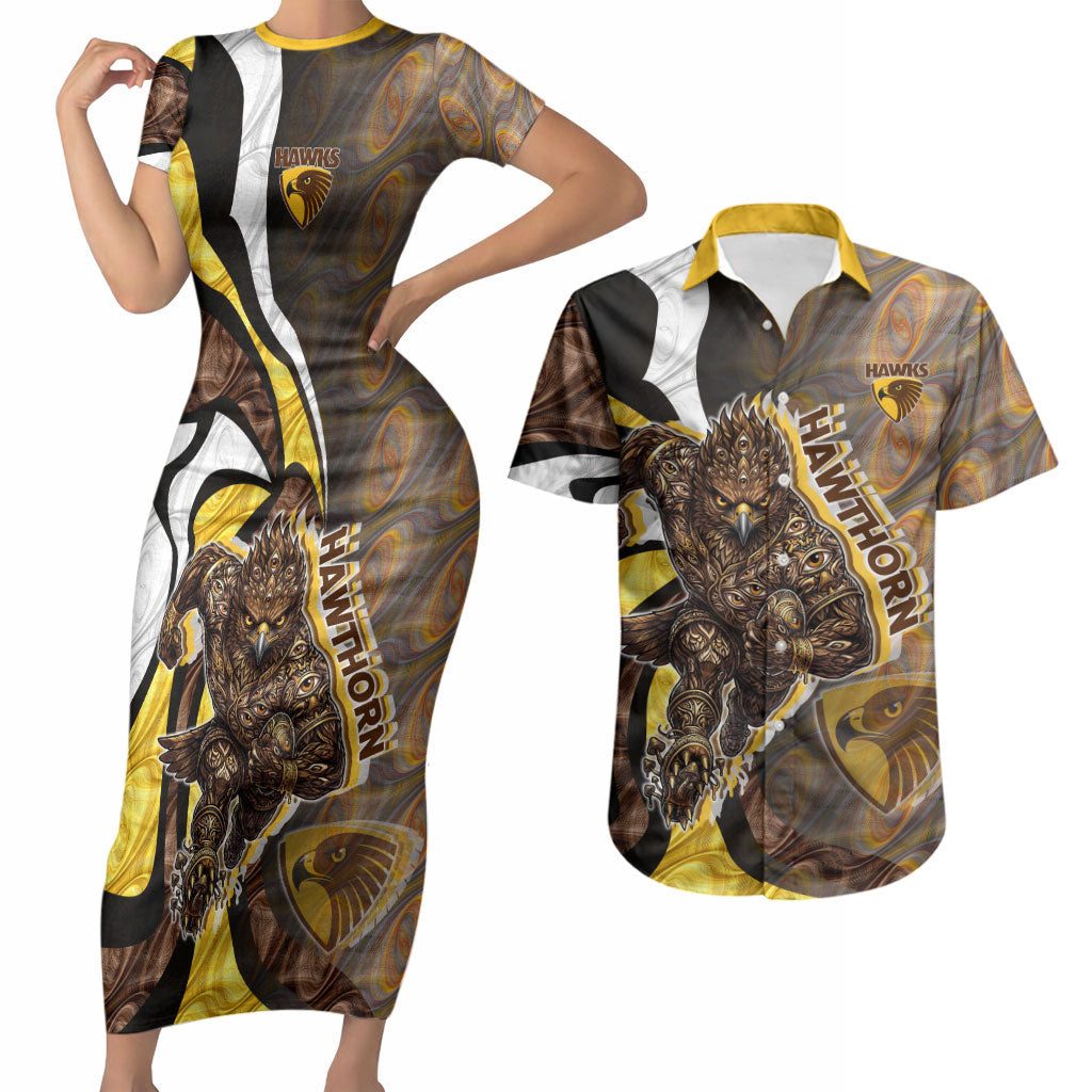 Personalised Hawthorn Hawks Couples Matching Short Sleeve Bodycon Dress and Hawaiian Shirt Trippy Psychedelic Abstract Art Mascot Football Fans