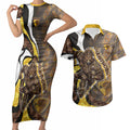 Personalised Hawthorn Hawks Couples Matching Short Sleeve Bodycon Dress and Hawaiian Shirt Trippy Psychedelic Abstract Art Mascot Football Fans