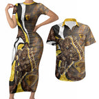 Personalised Hawthorn Hawks Couples Matching Short Sleeve Bodycon Dress and Hawaiian Shirt Trippy Psychedelic Abstract Art Mascot Football Fans