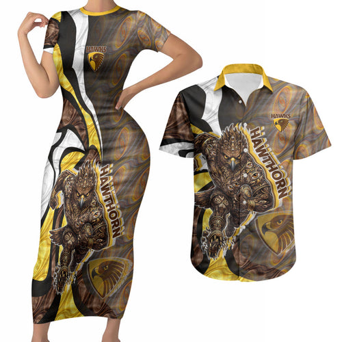 Personalised Hawthorn Hawks Couples Matching Short Sleeve Bodycon Dress and Hawaiian Shirt Trippy Psychedelic Abstract Art Mascot Football Fans
