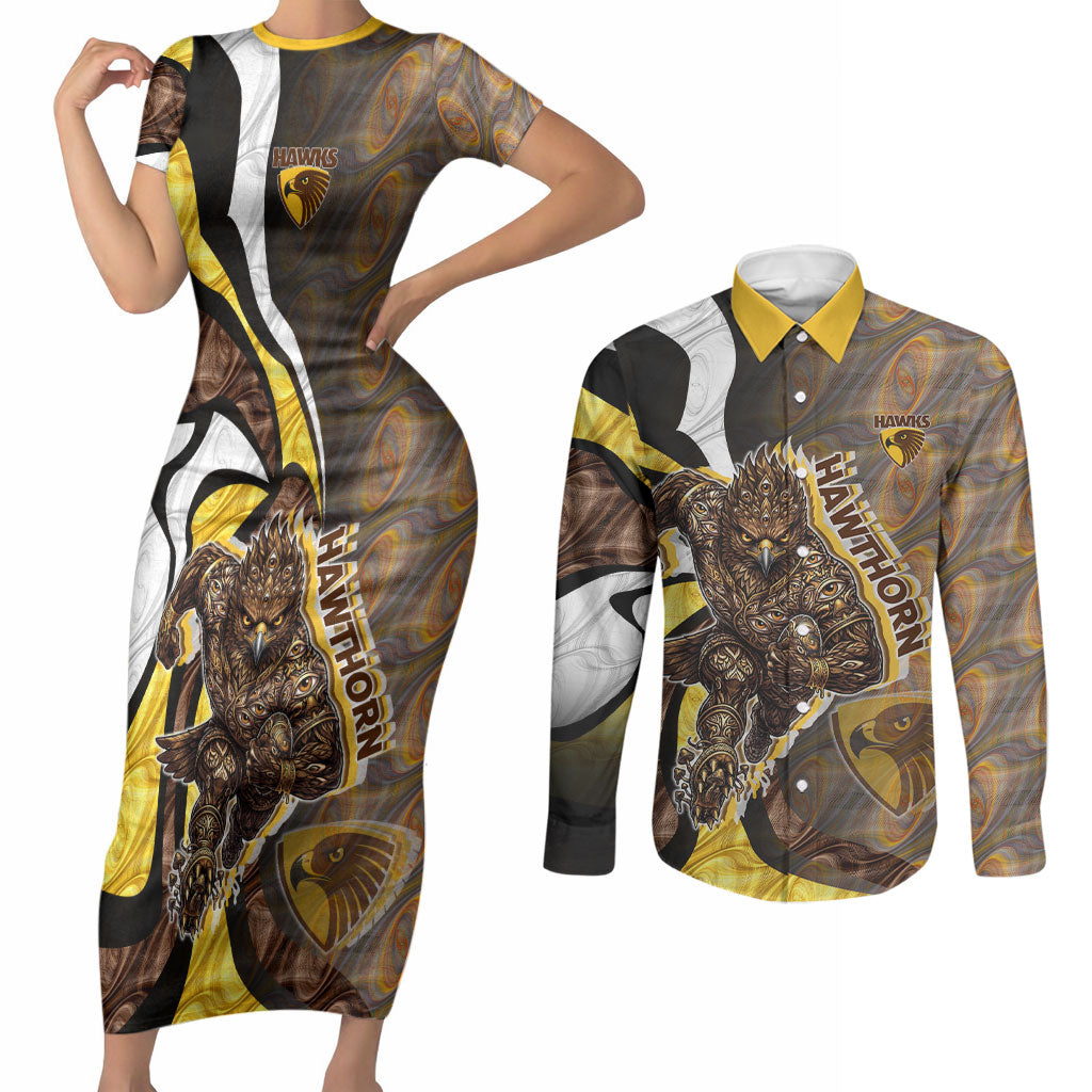 Personalised Hawthorn Hawks Couples Matching Short Sleeve Bodycon Dress and Long Sleeve Button Shirt Trippy Psychedelic Abstract Art Mascot Football Fans