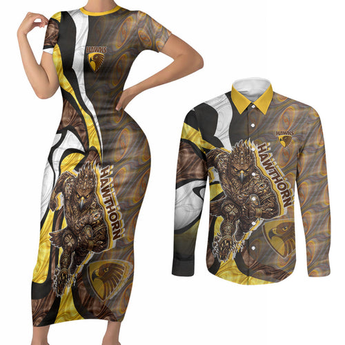 Personalised Hawthorn Hawks Couples Matching Short Sleeve Bodycon Dress and Long Sleeve Button Shirt Trippy Psychedelic Abstract Art Mascot Football Fans
