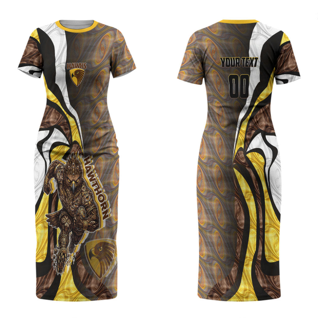 Personalised Hawthorn Hawks Couples Matching Short Sleeve Bodycon Dress and Long Sleeve Button Shirt Trippy Psychedelic Abstract Art Mascot Football Fans